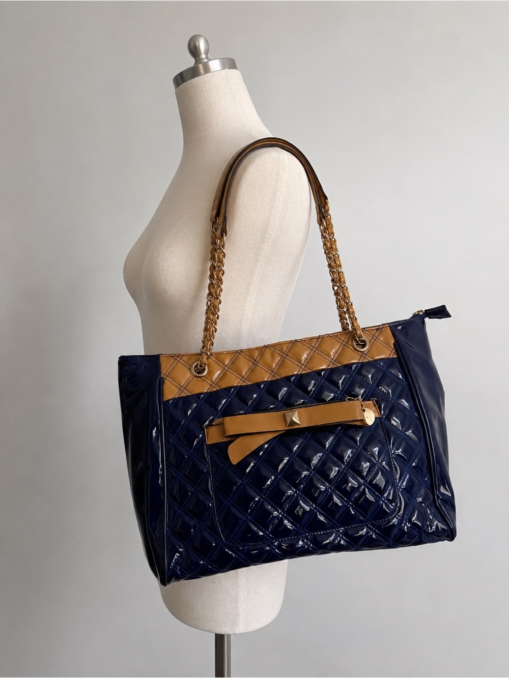 Quilted Patent Navy & Tan Tote Bag